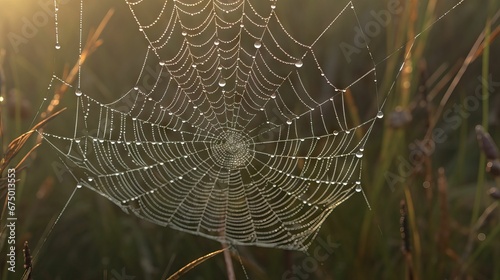 AI generated illustration of a stunning macro of a spider web glistening with dew drops