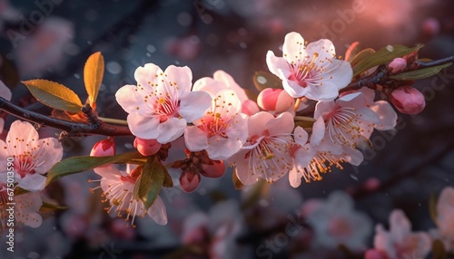 AI generated illustration of pink blooming flowers on a tree branch photo