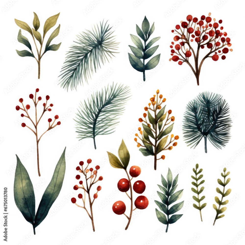 Watercolor Christmas Floral Collection Featuring Festive Wreaths, Spruce Branches, Cones for Holiday Designs. AI Generated.