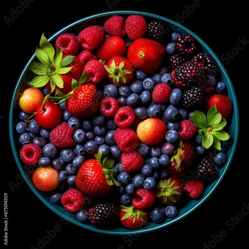 AI generated illustration of A close-up shot of a variety of berries in a blue bowl