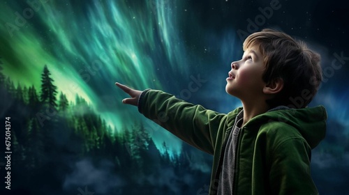 AI generated illustration of A child illuminated by the beautiful colors of the Northern Lights,