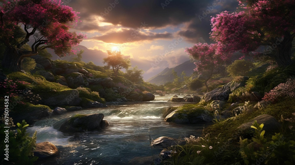 Picturesque scene of a river flowing through a forest, AI-generated. Picturesque scene of a river flowing through a forest, AI-generated.