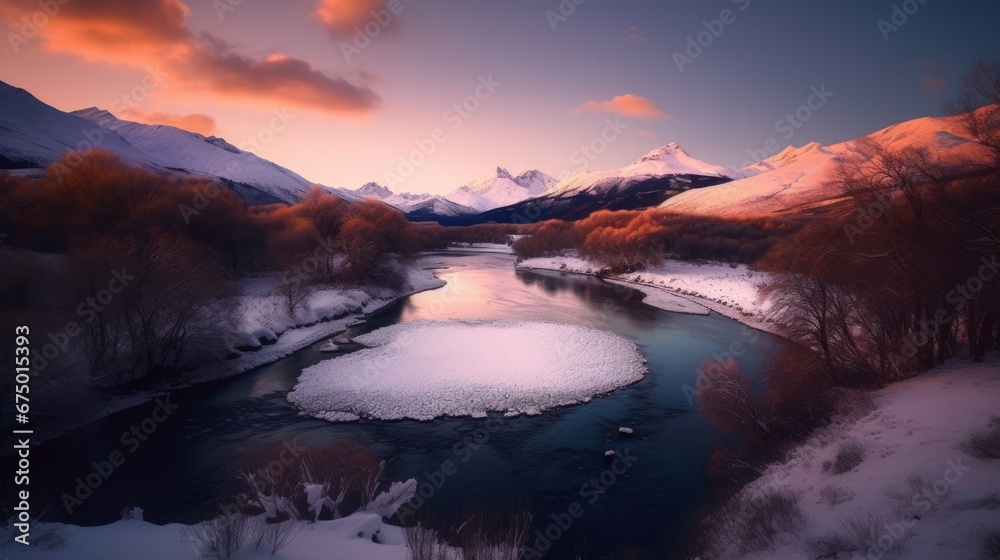 AI-generated illustration of a stream surrounded by snowy mountains during a beautiful sunset