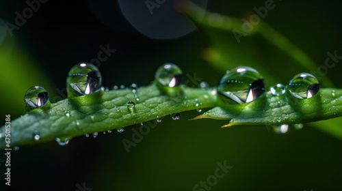 AI-generated illustration of green leaves covered in dew in a field