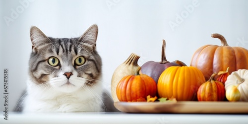 Cute cat staring at a pile of pumpkins on white table on blurred modern home background with copy space. © JW Studio
