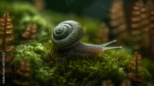 AI-generated illustration of a small snail on moss in a forest © Wirestock