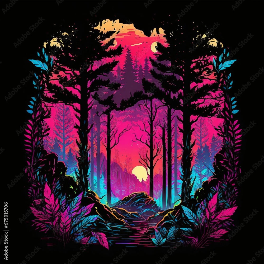 AI generated illustration of A stunning artwork featuring a mountain range and silhouettes of trees