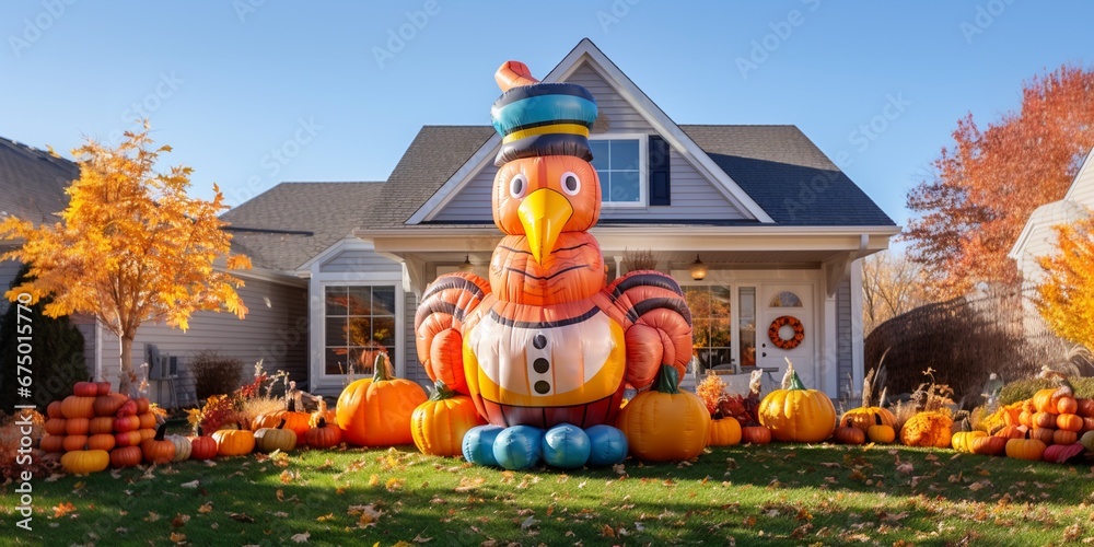 Thanksgiving inflatable turkey and pumpkins front yard display, exterior home decor, seasonal decoration - obrazy, fototapety, plakaty 
