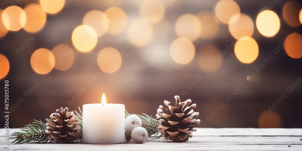 White Christmas candles on rustic wooden table, with natural decorations of pine branches and cones, Greeting cards backgrounds with copy space, Merry Christmas and Happy New Year.