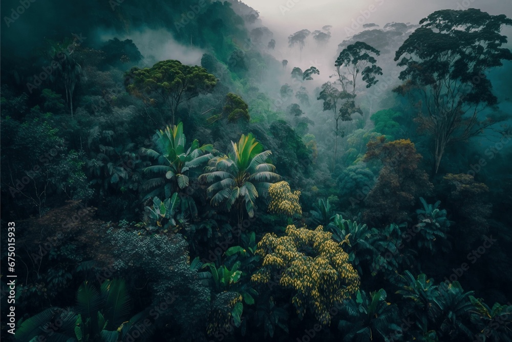 AI generated illustration of dense green jungle landscape on foggy day with trees and bushes