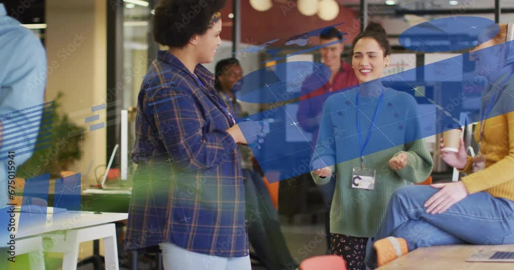 Animation of infographic interface over diverse female coworkers having coffee and talking in office Animation of infographic interface over diverse female coworkers having coffee and talking in office