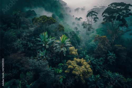 AI generated illustration of dense green jungle landscape on foggy day with trees and bushes
