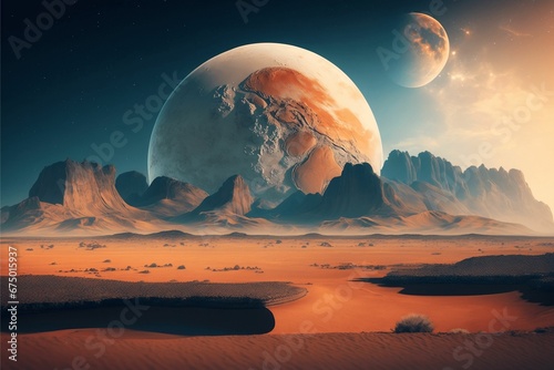 AI generated illustration of a planet seen over desert hills and sand dunes