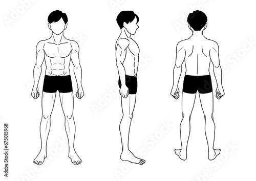 健康的な男性の全身立ち絵モノクロ