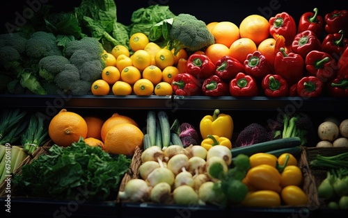 Fresh fruits and vegetables laid out on a supermarket shelf