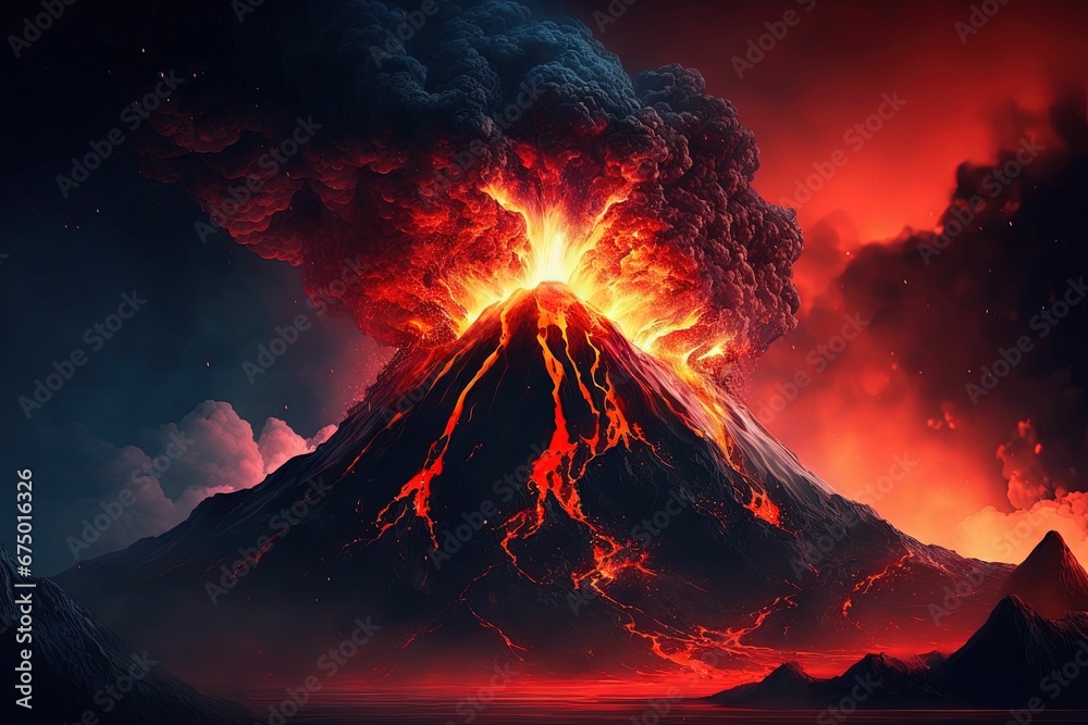 AI generated illustration of a volcano erupting molten lava into a misty mountain range