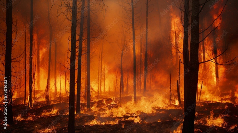 AI generated illustration of a scene of a burning forest, with large flames engulfing the trees
