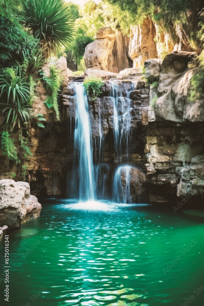 Fototapeta premium AI generated illustration of A waterfall cascading over a rocky ledge into a tranquil pool