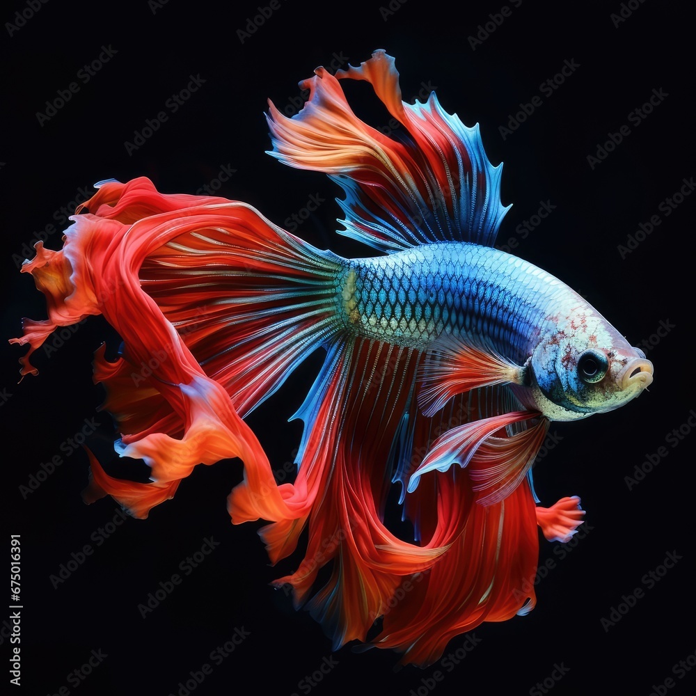 Siamese fighting fish isolated on black background. Fish raised for beauty. Generative AI.