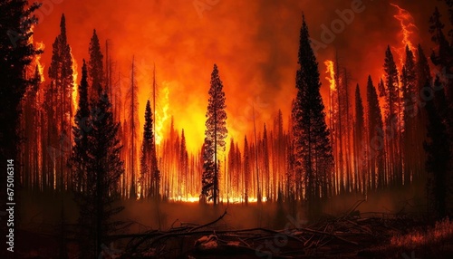 AI generated illustration of a burning forest with trees burning in the distance