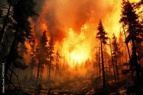 AI generated illustration of a large forest fire with burning orange flames and smoke