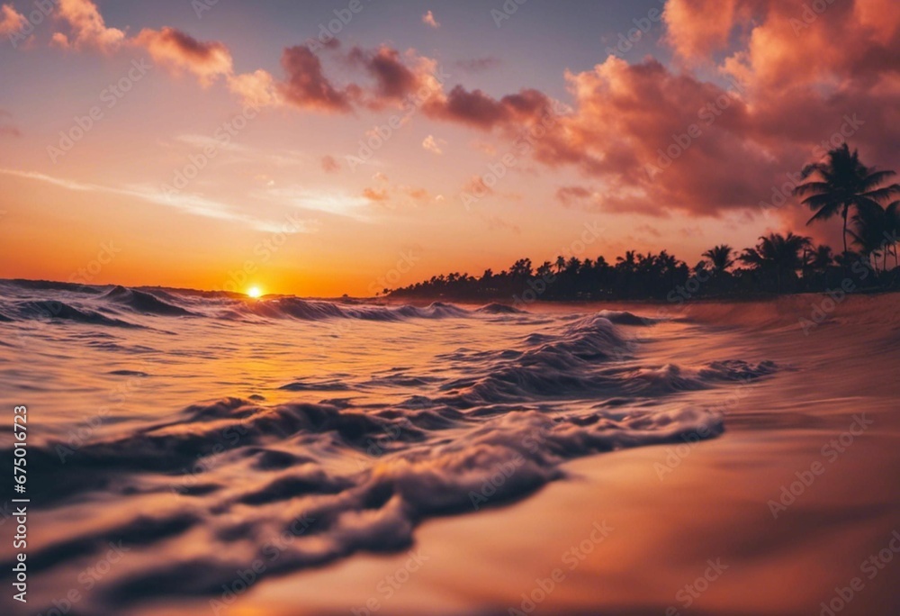 AI generated illustration of a stunning sunrise at the beach, with tall trees in the background AI generated illustration of a stunning sunrise at the beach, with tall trees in the background