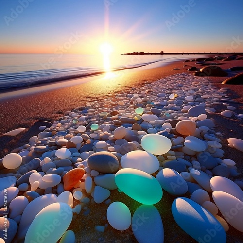the sun is setting over the ocean on the beach at the edge of a rocky