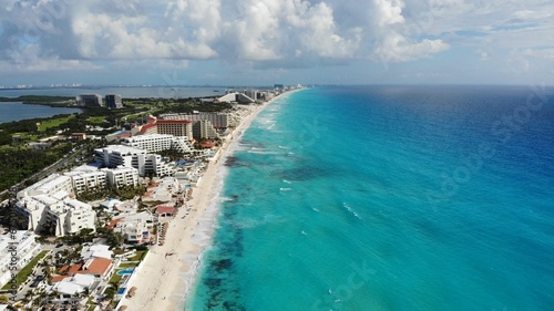 Aerial view of a picturesque beach on a sunny day in Cancun