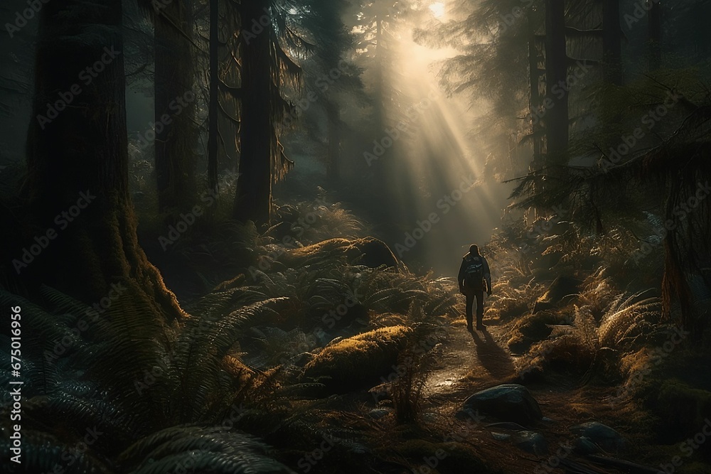 Fototapeta premium AI generated illustration of a solitary figure trekking through a picturesque forest