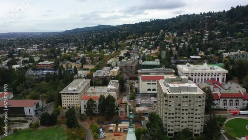 Aerial view descending in front of the Campanile, Sather Tower in Berkeley, USA photo