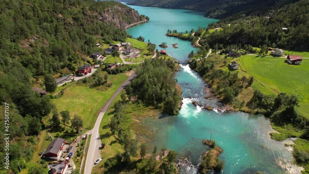 Aerial view of lush greenery and turquoise waters at Lovatnet Lake Aerial view of lush greenery and turquoise waters at Lovatnet Lake