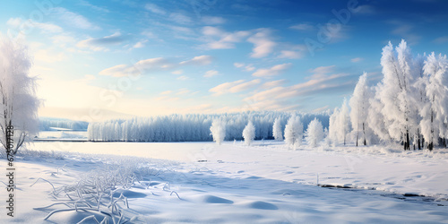A winter scene with a snowy landscape ,, Winter Snow land trees covered with snow blue sky with clouds Generative Ai