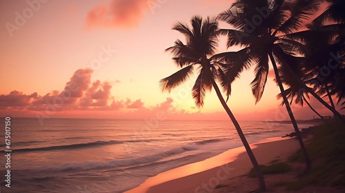 Idyllic beachscape featuring tall palm trees silhouetted against a sunset sky, AI-generated.