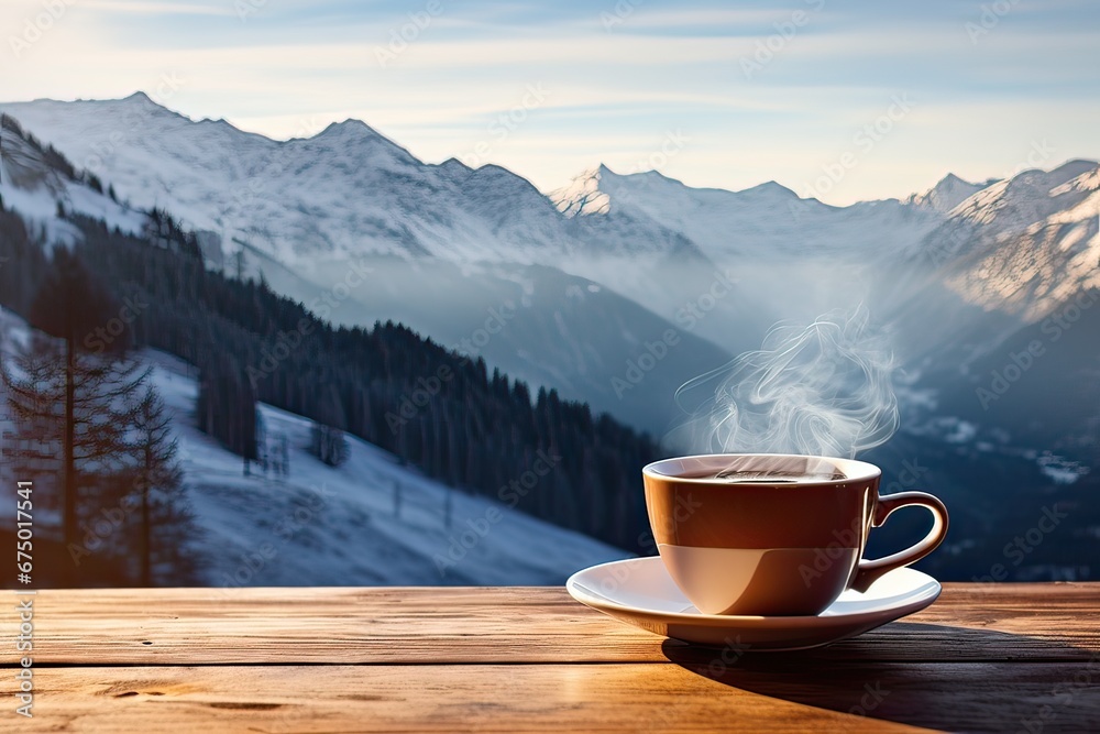 Cup of coffee with steam and foam, on wooden table, mountains background. Generative AI. Cup of coffee with steam and foam, on wooden table, mountains background. Generative AI.