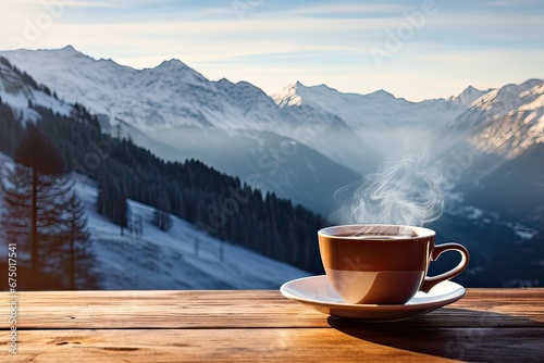 Cup of coffee with steam and foam, on wooden table, mountains background. Generative AI.