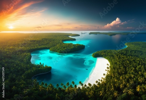 AI generated illustration of an aerial view of a tropical island with lush palm trees at sunset © Wirestock