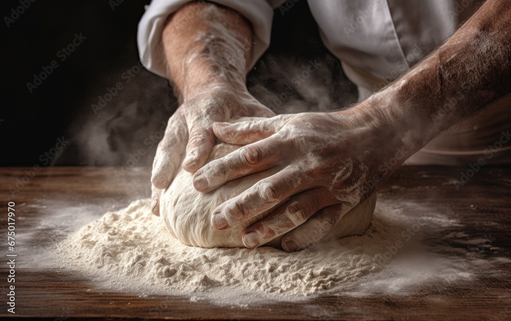 A baker's hands dusted with flour while kneading dough on a wooden surface