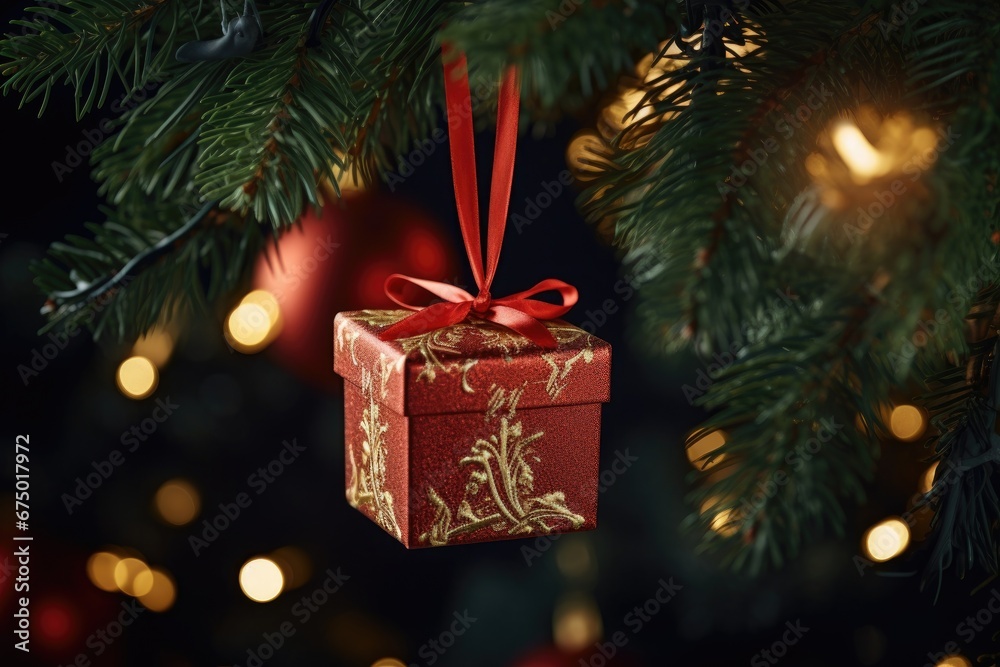 a beautiful small gift box hanging on a Christmas tree branch. New Year's decor