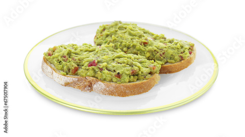 Delicious sandwiches with guacamole isolated on white
