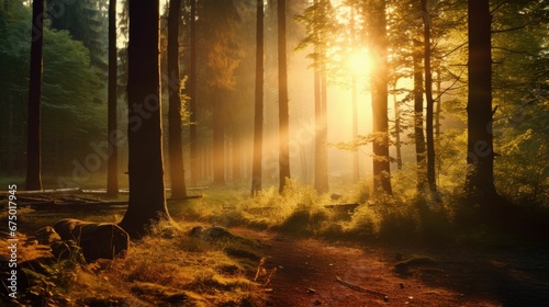 AI generated illustration of A sunbeam peeks through the lush foliage of a dense forest photo
