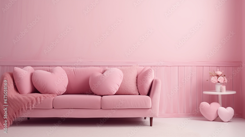 Obraz premium Minimal interior design concept with copy space: modern living room with comfortable pink sofa and home decor for valentine's day, studio lighting, and muted color theme.