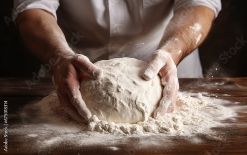 A baker's hands dusted with flour while kneading dough on a wooden surface © piai