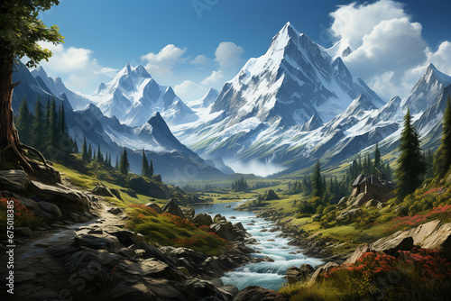 A serene mountain landscape with a lake, surrounded by picturesque mountains and trees. 