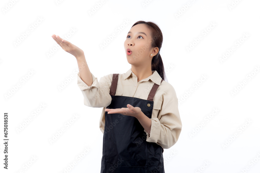 Portrait young asian barista woman wearing apron presenting with excited isolated white background, waitress or entrepreneur cheerful and showing something, small business or startup, waiter of cafe. Portrait young asian barista woman wearing apron presenting with excited isolated white background, waitress or entrepreneur cheerful and showing something, small business or startup, waiter of cafe.