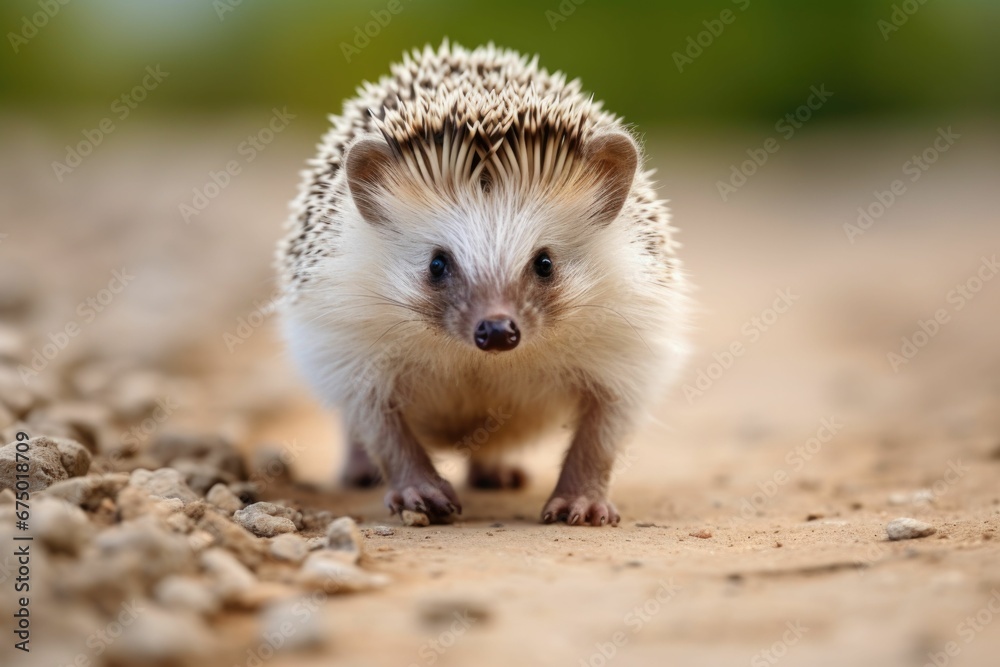 Fototapeta premium AI generated illustration of a small hedgehog walking on the dirt road