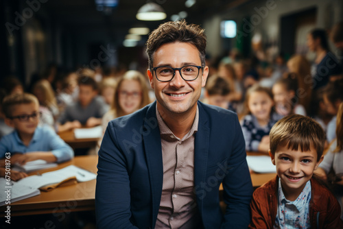Portrait of smiling male teacher in a class at elementary school looking at camera with learning students on background.  © artpritsadee