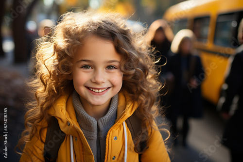Smiling elementary student girl smiling and ready to board school bus. 