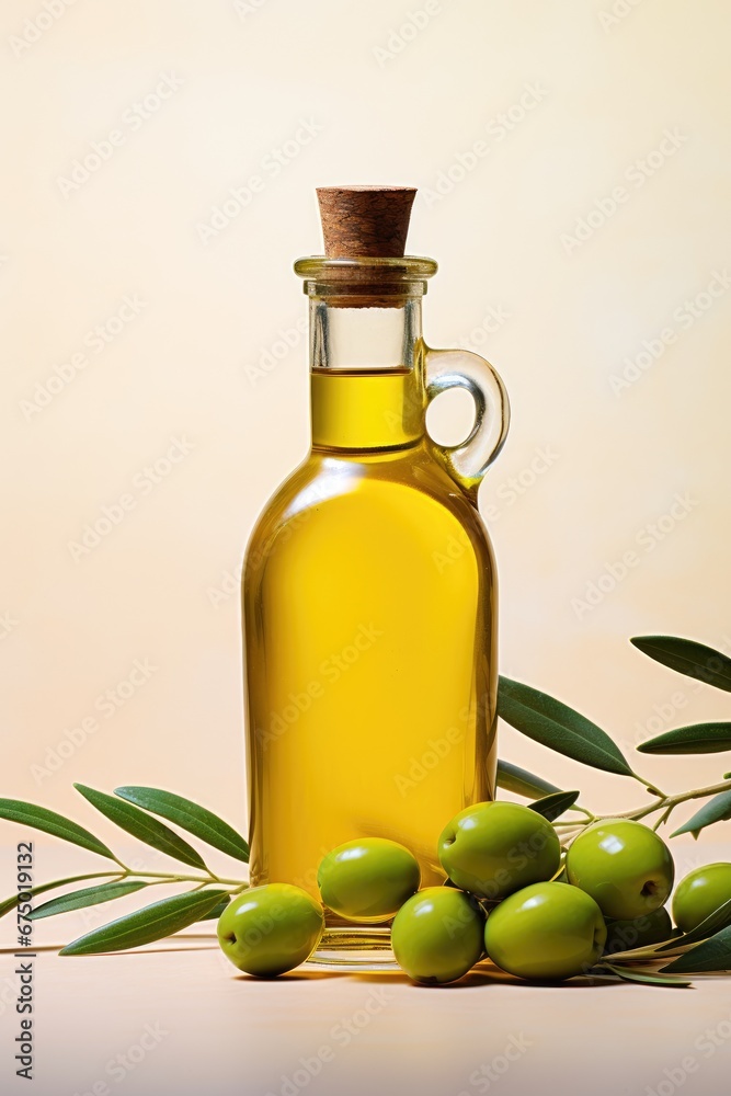Bottle of olive oil and green olives with leaves Bottle of olive oil and green olives with leaves