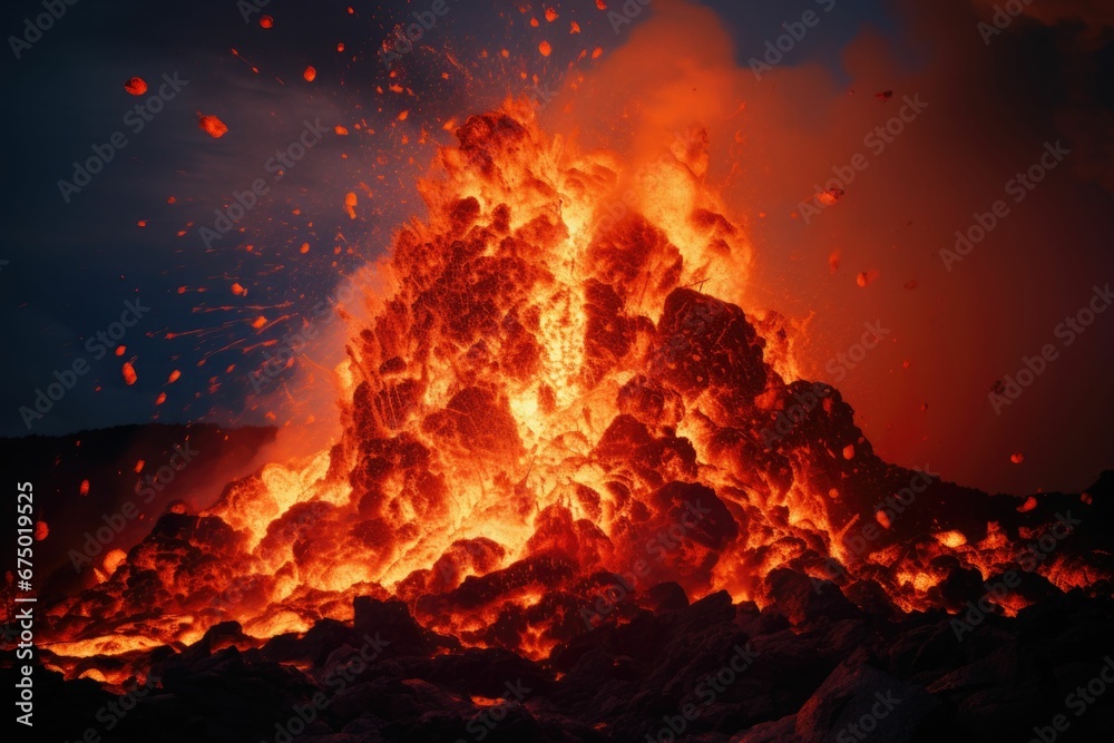 AI generated illustration of an erupting volcano spewing out bright orange and yellow flames