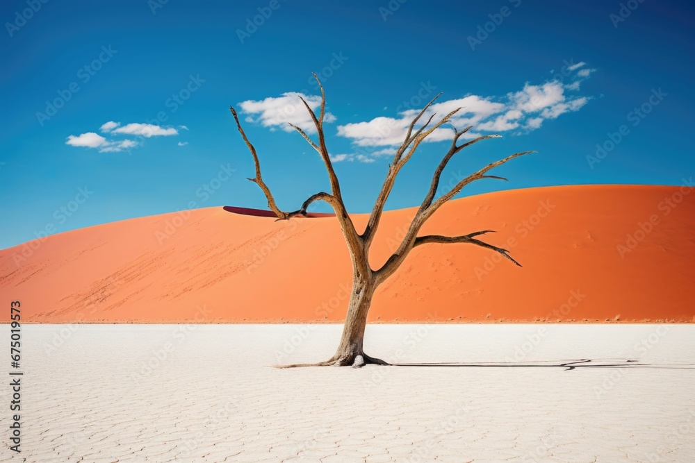 AI generated illustration of a lone tree in a vast desert landscape, illuminated by the blue sky AI generated illustration of a lone tree in a vast desert landscape, illuminated by the blue sky